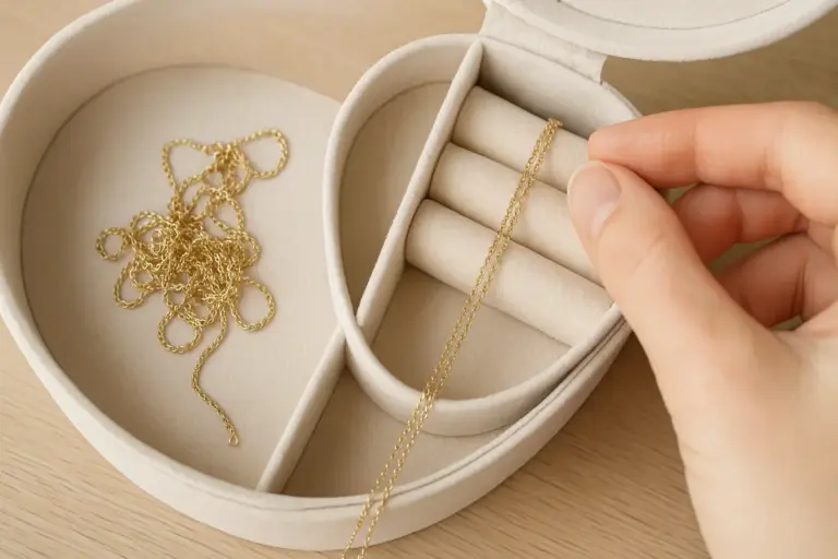 Collana che si ingarbuglia sempre? Tecnica semplice per tenerla ordinata nel portagioie